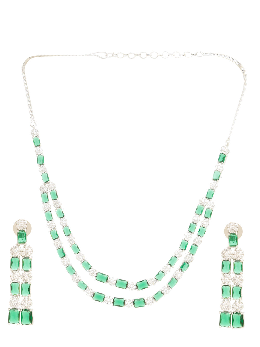 White Silver Plated Green AD Double layer Statement Jewellery Set, zaveri pearls, sale price rs, sale price, sale gold plated, sale gold, sale, rubans, ring, regular price, priyassi jewellery